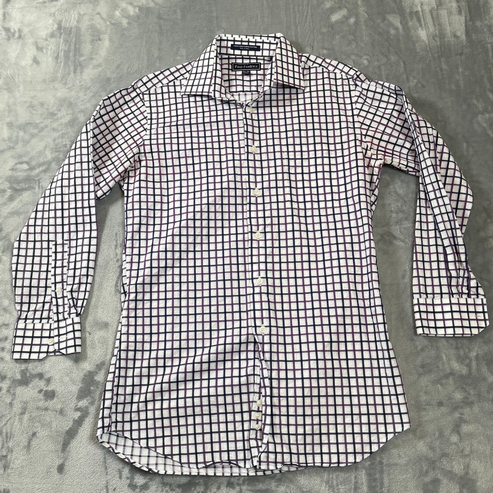 Paul Fredrick Mens Dress Shirt 15.5 32 Trim Fit Purple Navy White Plaid Cotton